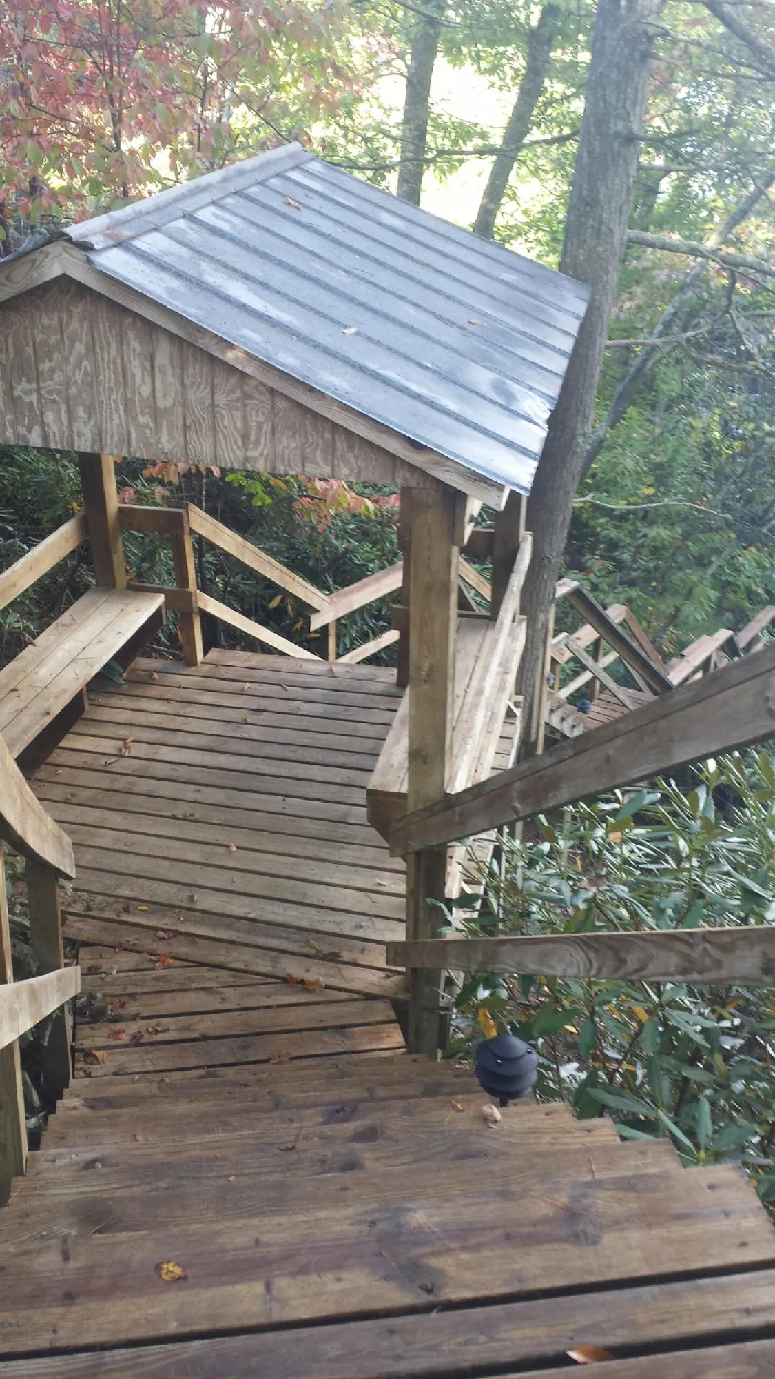 Metal roofed shelter over wooden steps on a wooded walkway — Skylight Repair & Installation work by our crew in Herkimer
